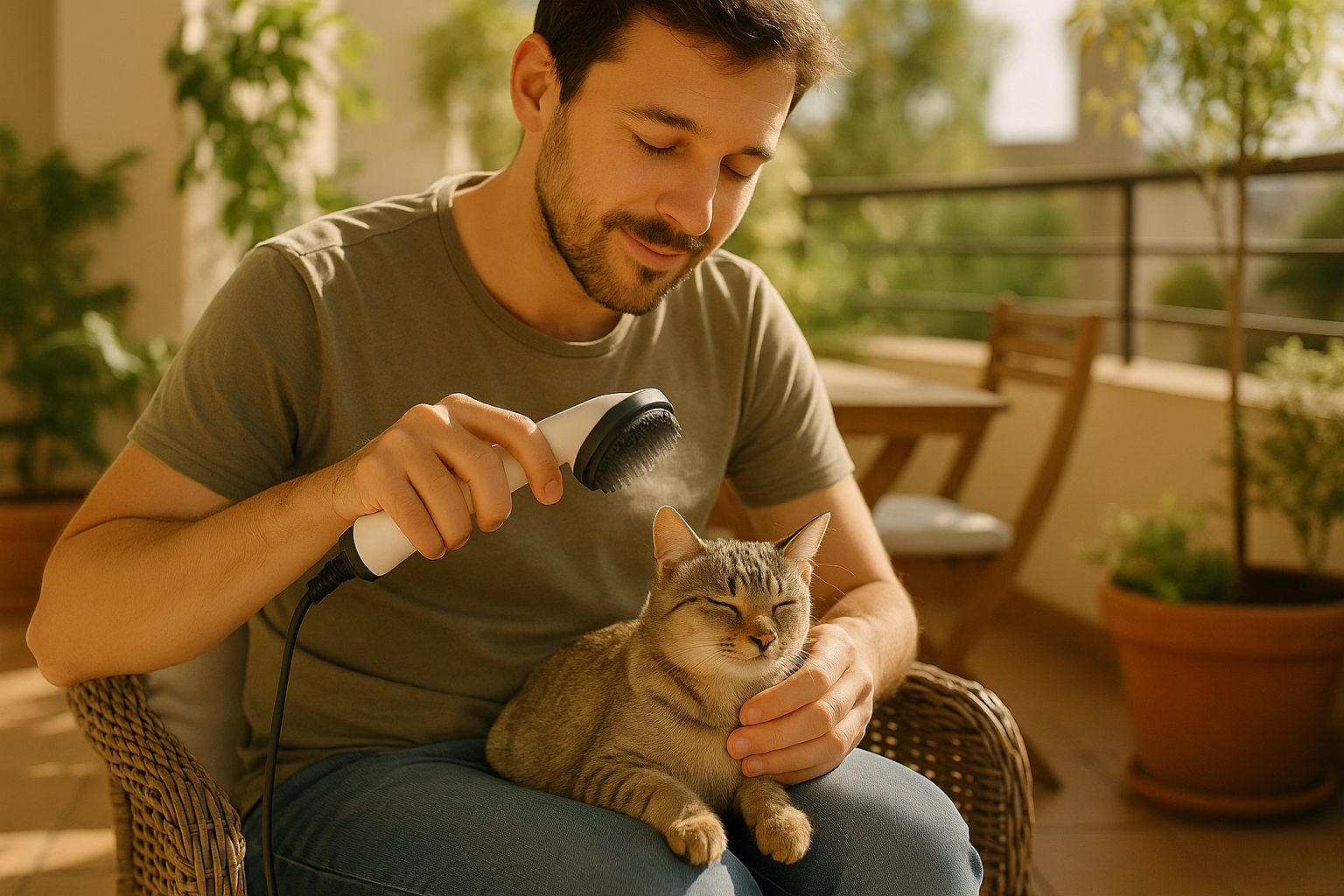 IMAGEN DE HOMBRE CON SU GATITO EN LA TERRAZA Y LE ESTA APLICANDL EL Cepillo a Vapor