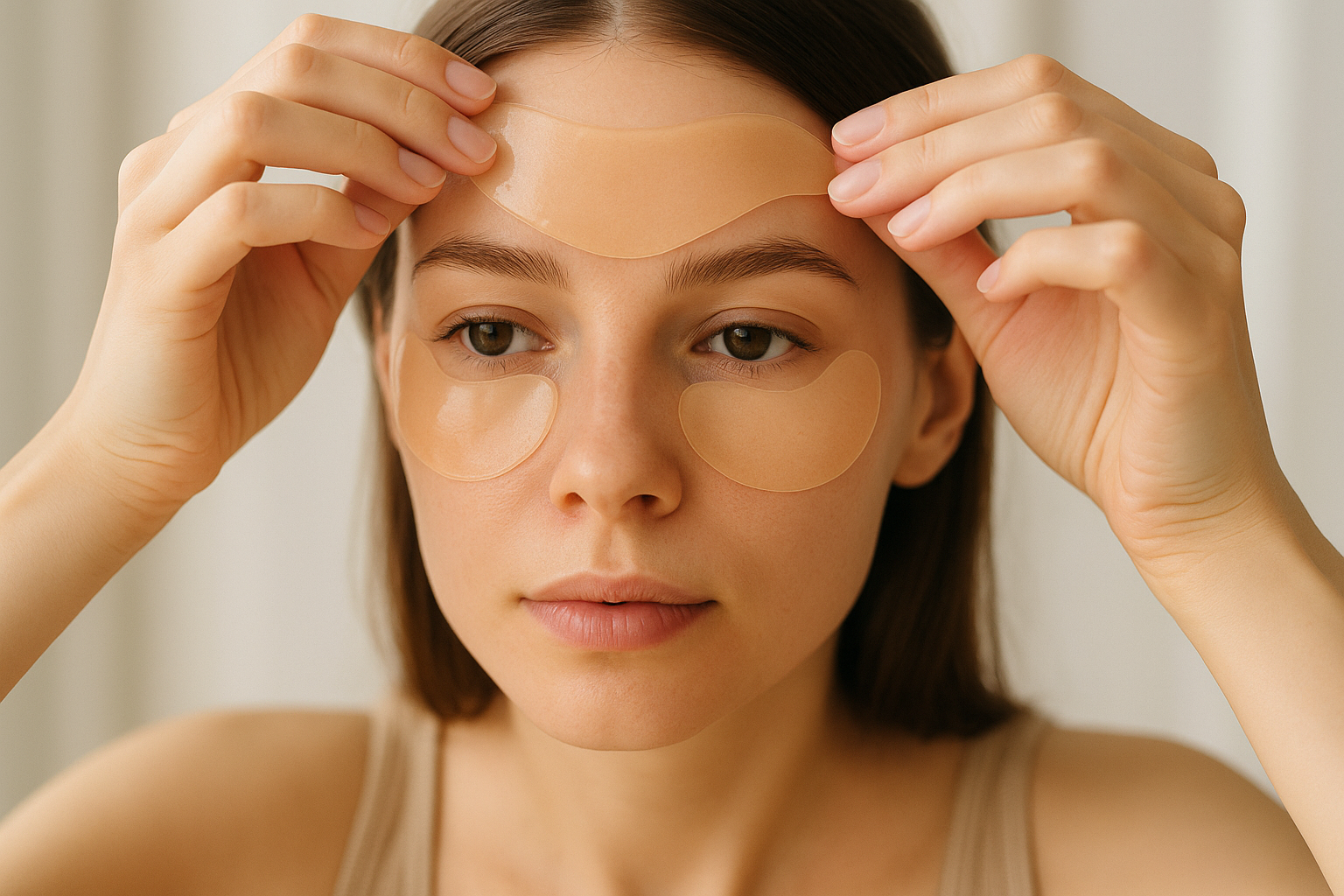 IMAGEN DE MUJER APLICANDO EN SU ROSTRO PARCHES ANTIARRUGAS