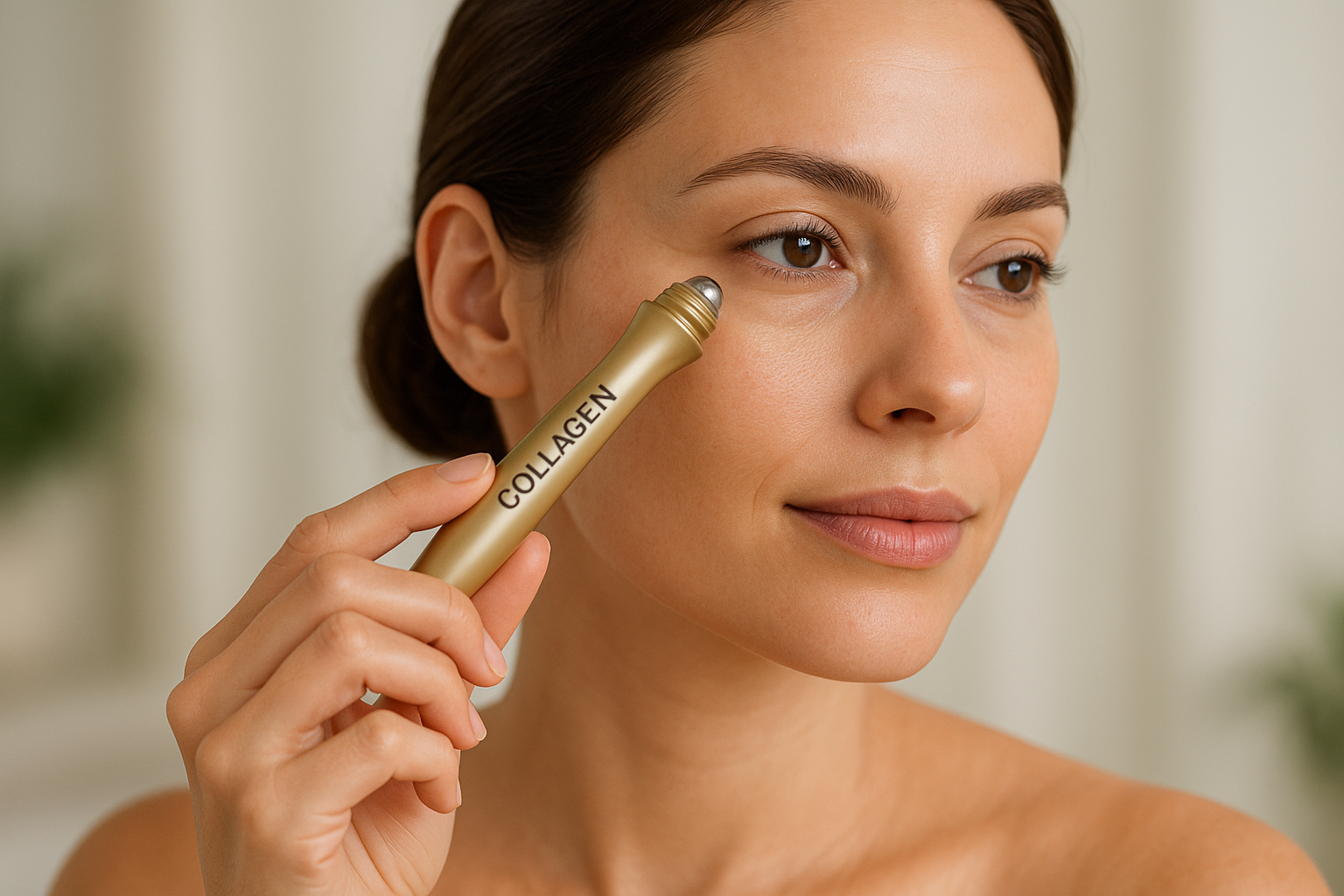 IMAGEN DE MUJER APLICANDOSE ROLL ON DE OJERAS CON COLAGENO