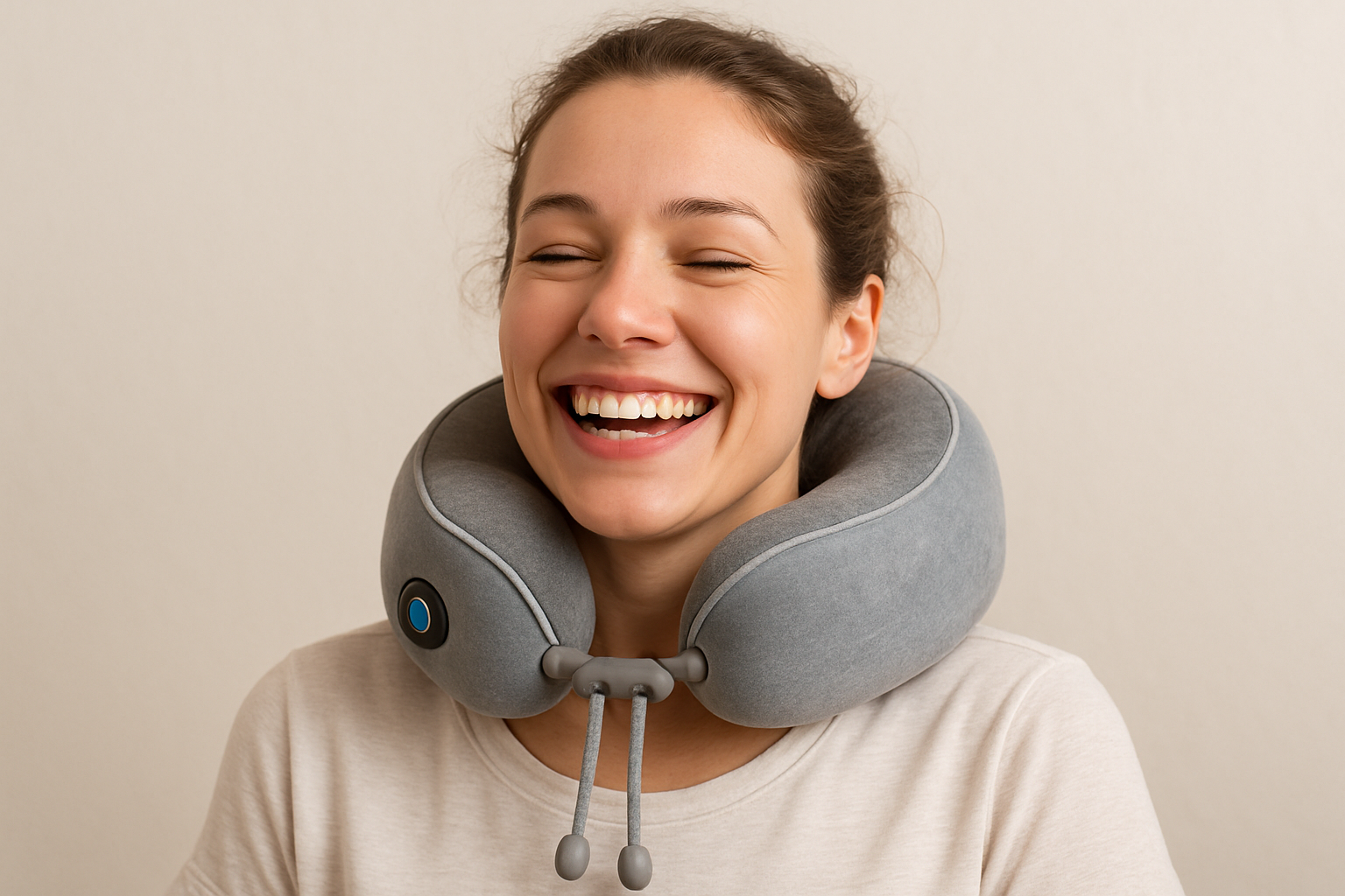 IMAGEN DE MUJER CON ROSTRO FELIZ Y EN SU CUELLO TENGA Almohadón Masajeador