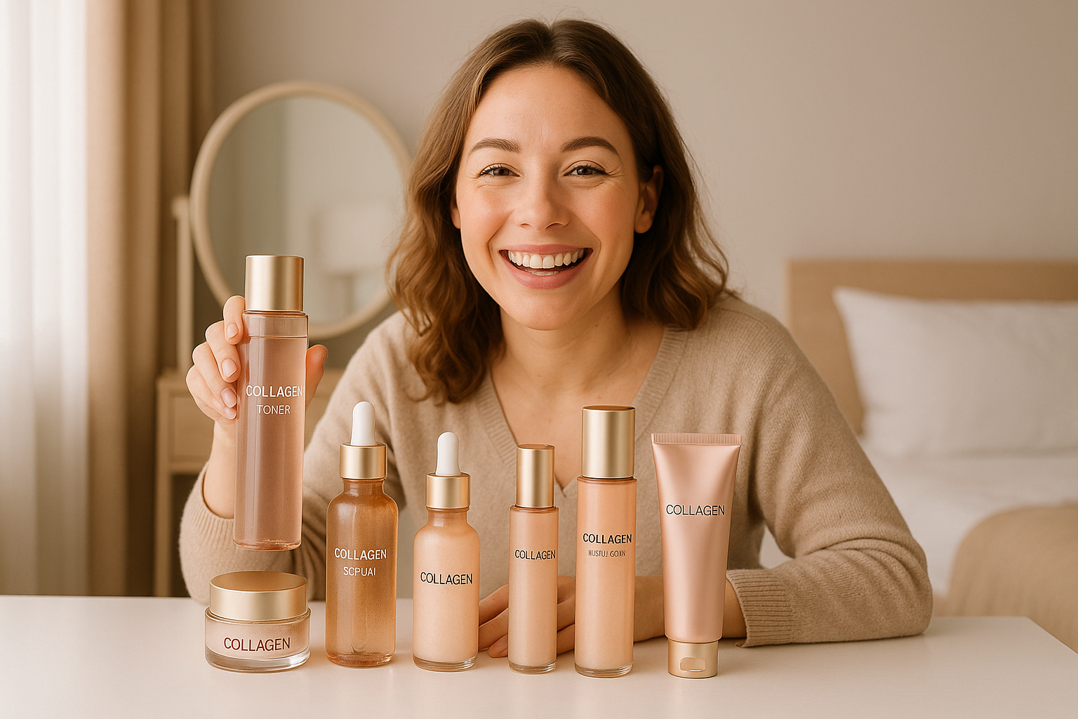 IMAGEN DE MUJER FELIZ EN SU DORMITORIO SENTADA EN SU PEINADOR MOSTRANDO SU SET DE CUIDADO PARA EL ROSTRO CON COLÁGENO – PACK 5