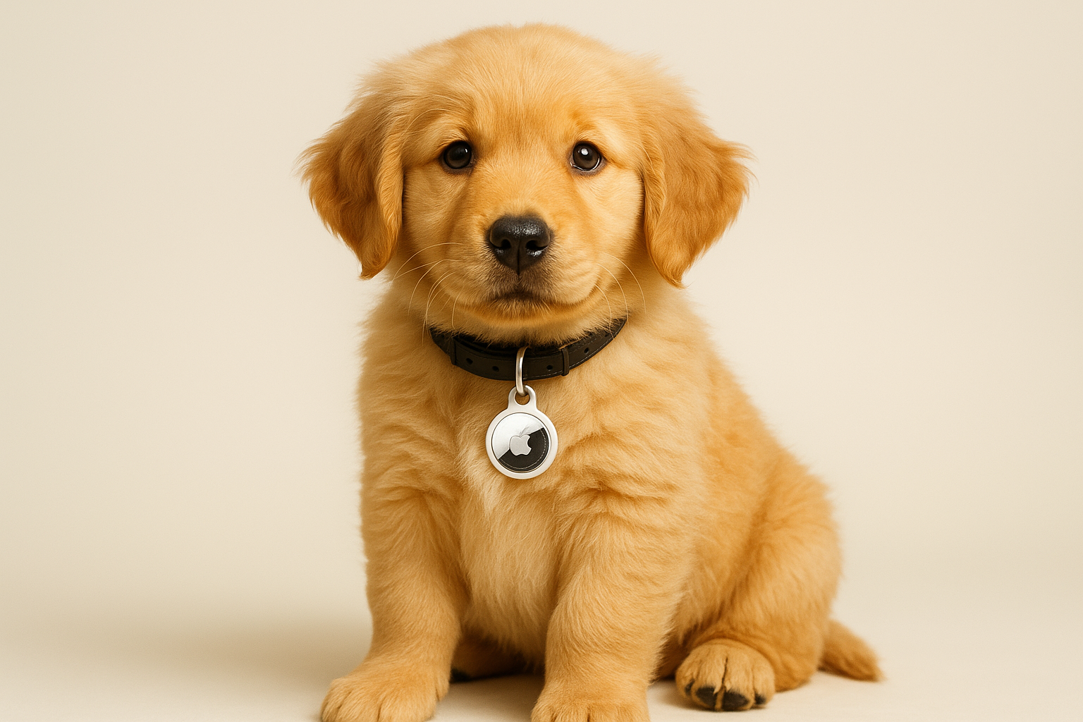 IMAGEN DE PERRITO GOLDEN EN SU CUELLO CON SU AIRTAG FINDER PEQUEÑO