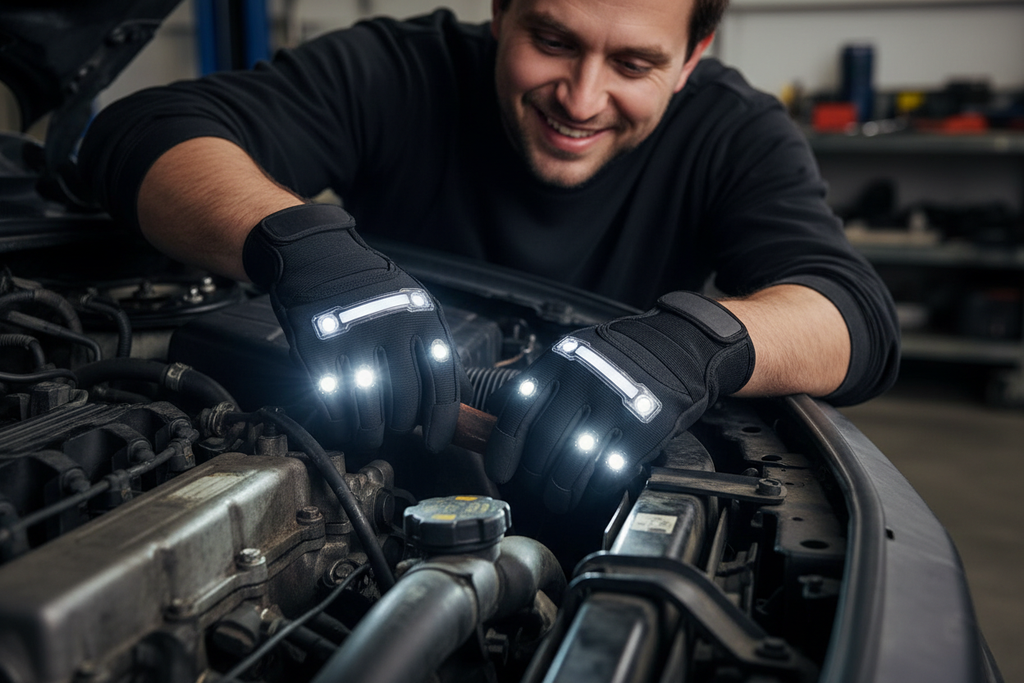 hombre contento esta arreglando el motor de su auto y ocupa sus guantes en donde tiene incorporado linterna