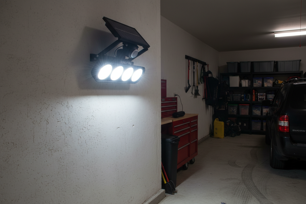 IMAGEN DE Foco Solar con Sensor 4 Ampolletas ILUMINANDO EL GARAGE 