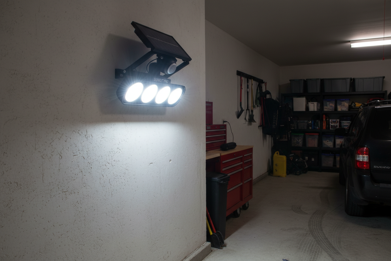 IMAGEN DE Foco Solar con Sensor 4 Ampolletas ILUMINANDO EL GARAGE 