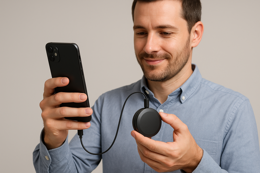 IMAGEN DE HOMBRE CARGANDO SU CELULAR EN CARGADOR RETRACTICO