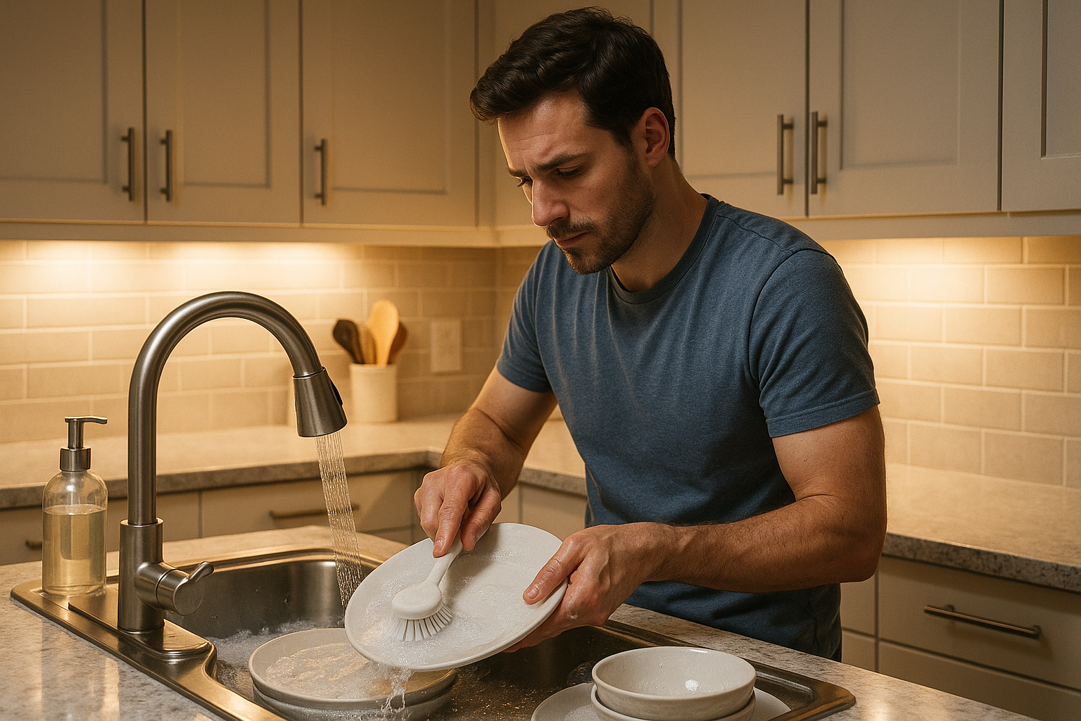 IMAGEN DE HOMBRE EN LA COCINA LAVANDO LOZA CON SU Cepillo cocina 