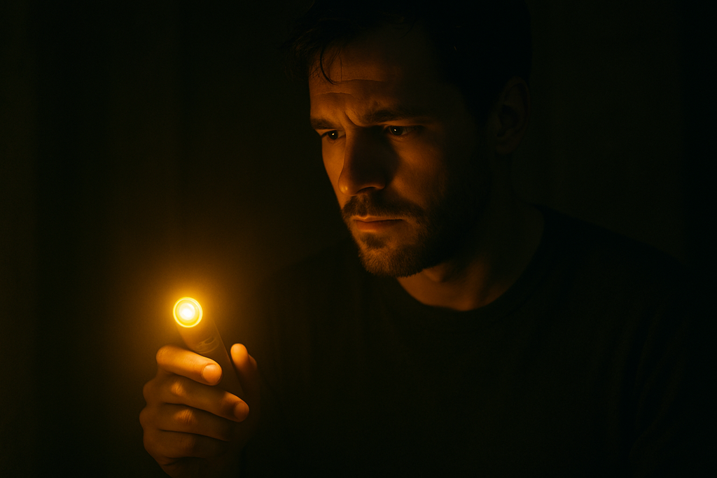 IMAGEN DE HOMBRE EN UNA HABITACION CON POCA LUZ Y EN SU MANO TIENE PEQUEÑA LINTERNA LED AMARILLA