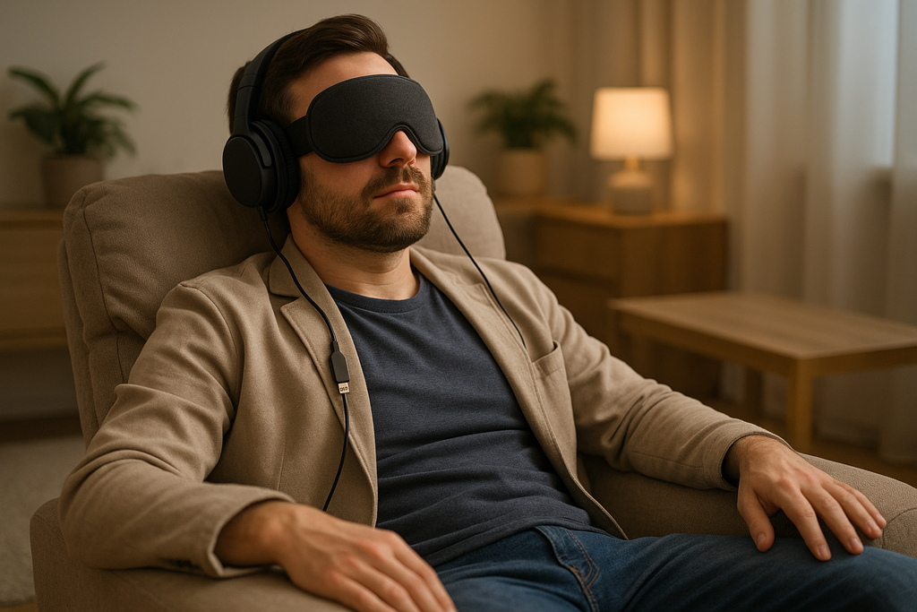 IMAGEN DE HOMBRE RECOSTADO EN SILLON Y EN SUS OJOS TIENE ANTIFAZ AURICULAR USB