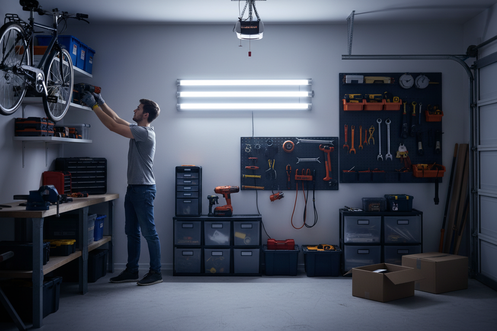 IMAGEN DE  JOVEN ORDENANDO SU GARAGE Y TIENE EN SU PARED EL FOCO LUZ LED CON 4 AMPOLLETAS QUE ILUMINA EL GARAGE