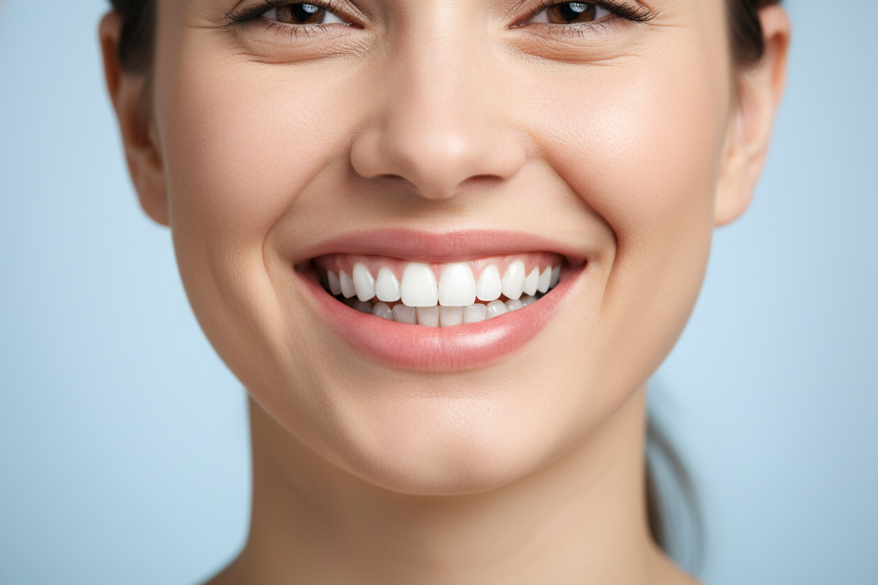 IMAGEN DE MUJER CON SU DENTADURA MUY BLANCA, LIMPIA Y SONRISA AMPLIA