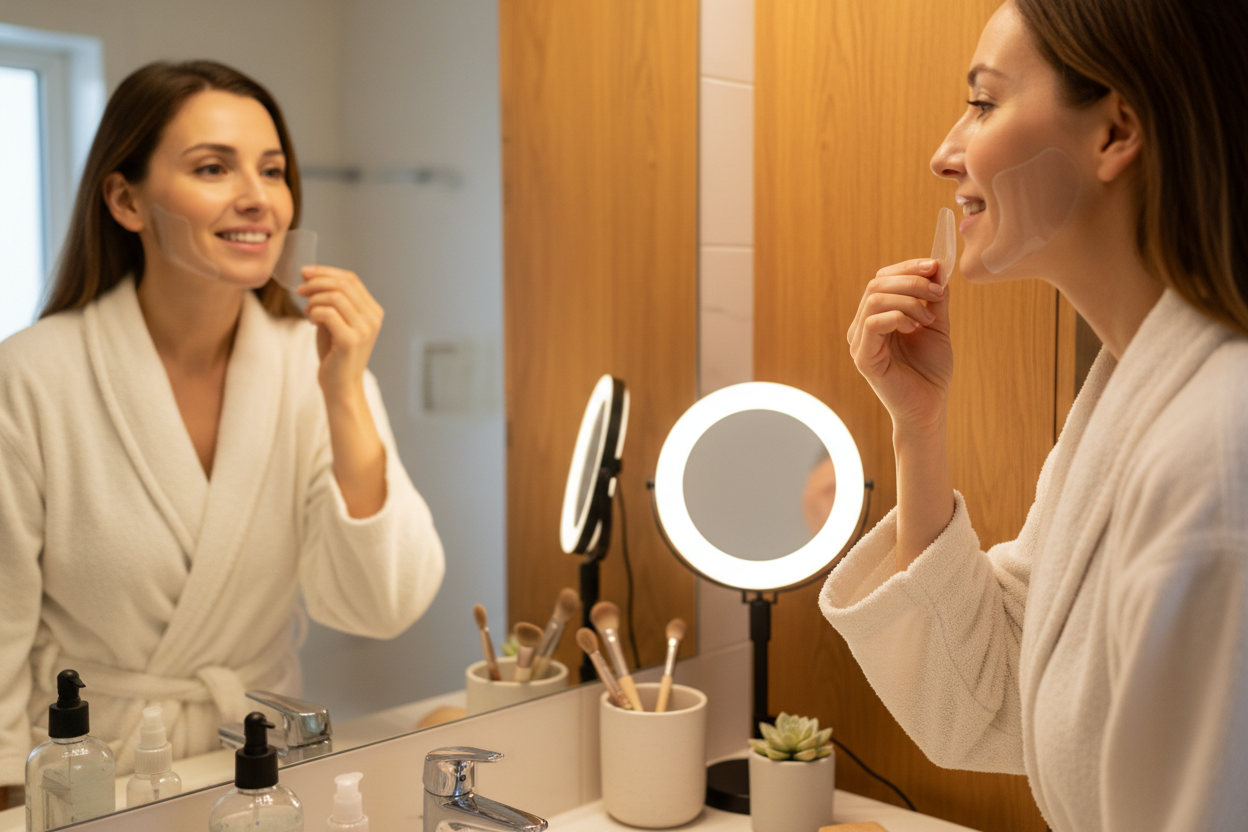 imagen de mujer contenta frente a su espejo colocandose su Cintas Faciales Lifting en su rostro