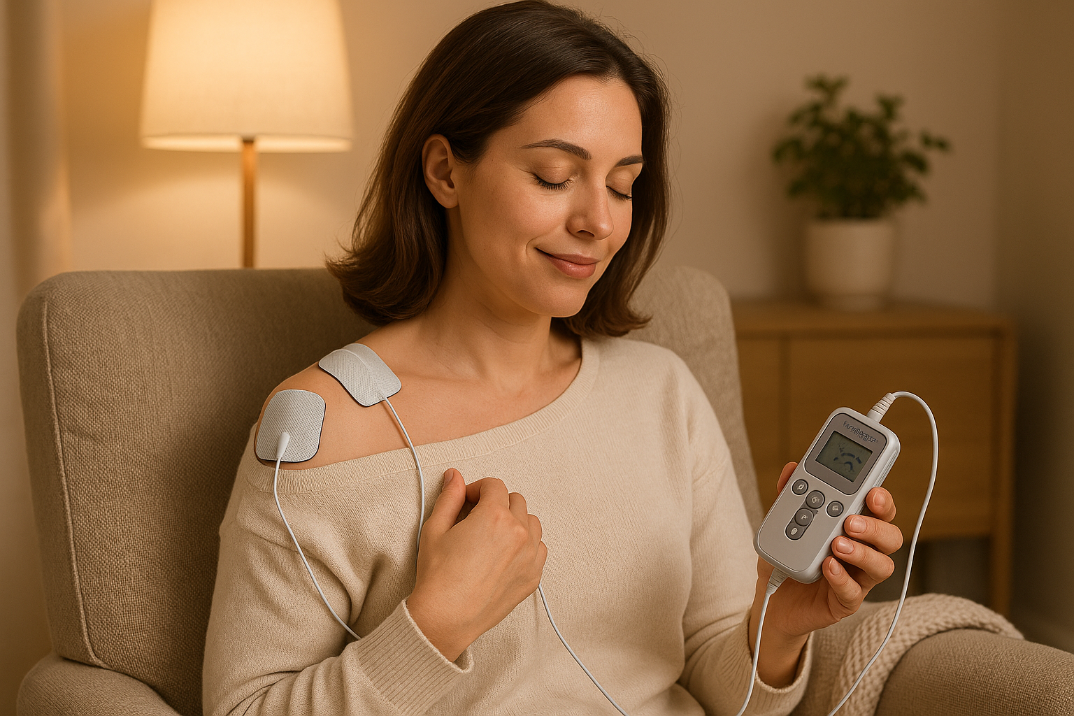 IMAGEN DE MUJER EN SU SILLON Y SE COLOCA SU ELECTROESTIMULADOR MUSCULAR  EN SU HOMBRO