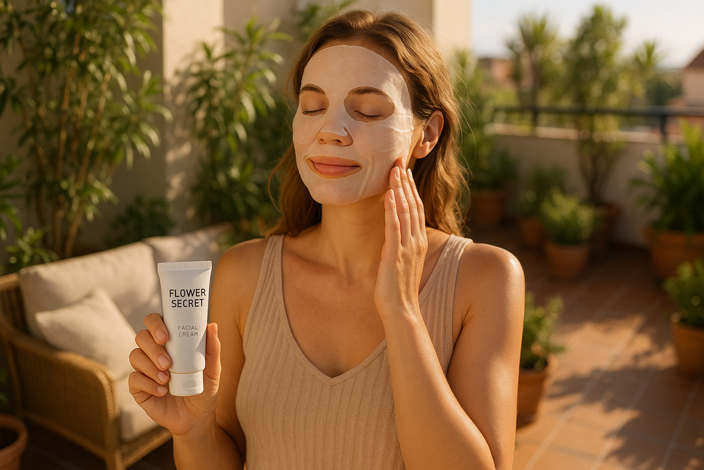 IMAGEN DE MUJER EN SU TERRAZA EN SU MANO DERECHA TIENE SU CREMA FACIAL Y EN SU MANO IZQUIERDA APLICANDO SU Flower secret mascara facial 