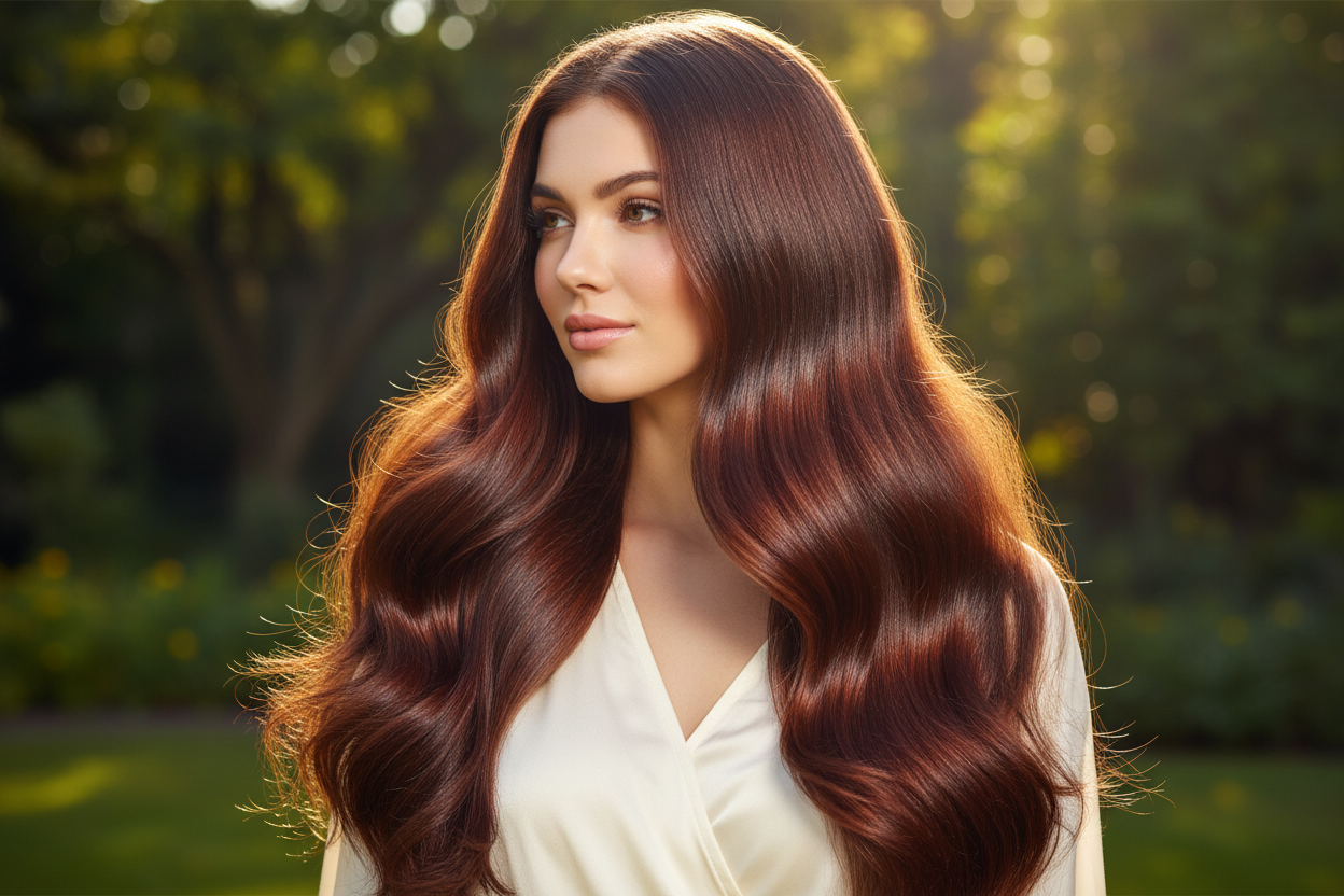 imagen de mujer joven con su pelo largo y con brillo extremo