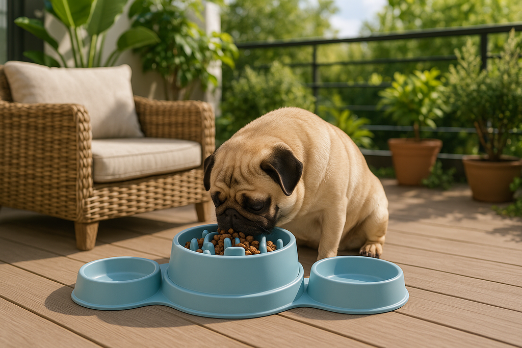 IMAGEN DE PERRITO PUG EN LA TERRAZA Y ESTA COMIENDO EN  SU HOUSOUTIL 3 PIEZAS PLATO COMIDA LENTA PARA TU MASCOTA