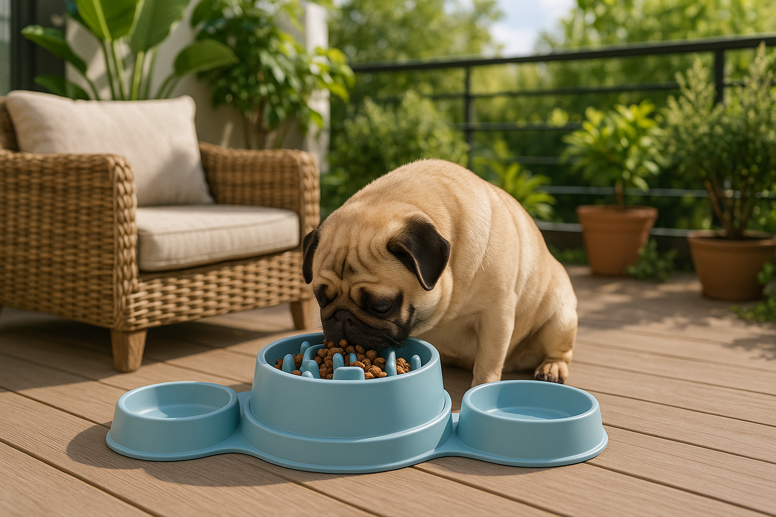 IMAGEN DE PERRITO PUG EN LA TERRAZA Y ESTA COMIENDO EN  SU HOUSOUTIL 3 PIEZAS PLATO COMIDA LENTA PARA TU MASCOTA