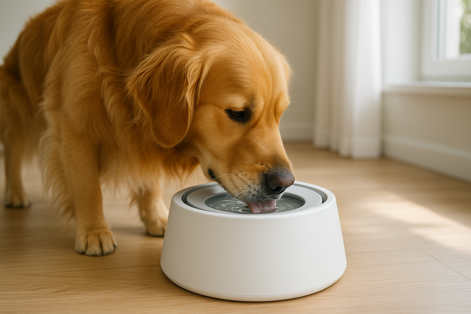 IMAGEN DE PERRO GOLDEN TOMANDO AGUA EN SU BEBEDERO ANTISPLASH