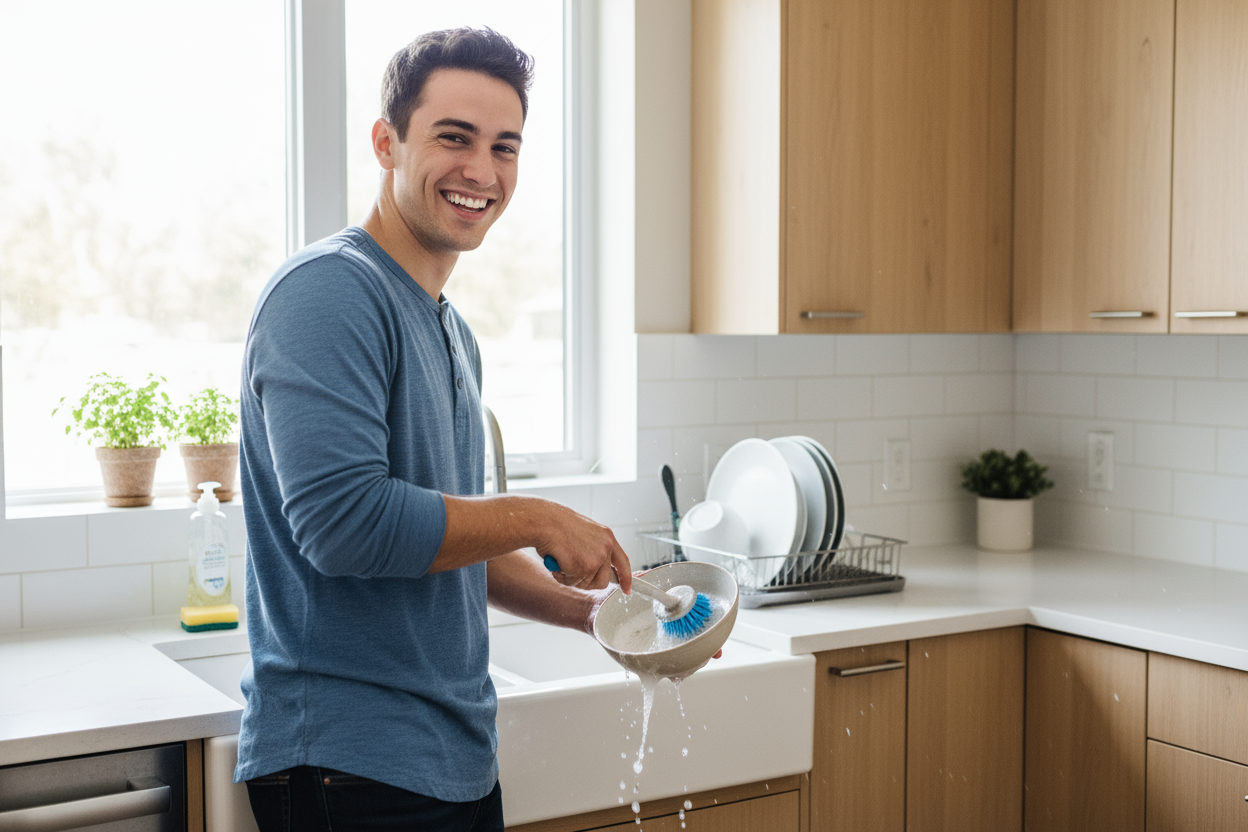 imagen de un hombre joven feliz en su cocina limpiando lavaplatos con su Cepillo cocina 