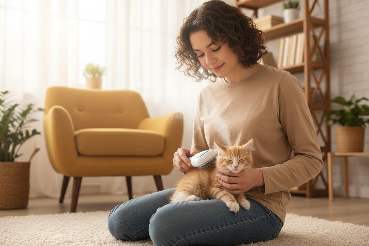 imagen de un joven con su gatito y le esta pasando su Cepillo a Vapor para Mascota 