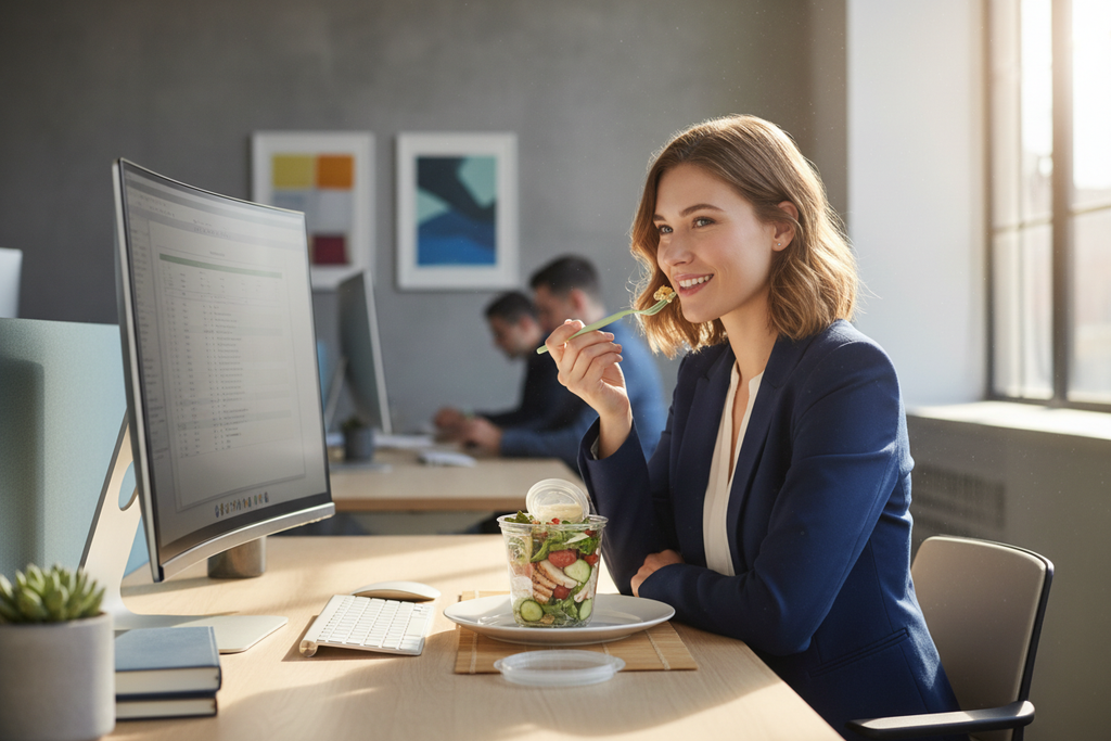 IMAGEN DE UNA JOVEN EN SU OFICINA Y ESTA EN SU ESCRITORIO ALMORZANDO CON SU Vaso De Ensalada Portátil Con Tapa y tenedor