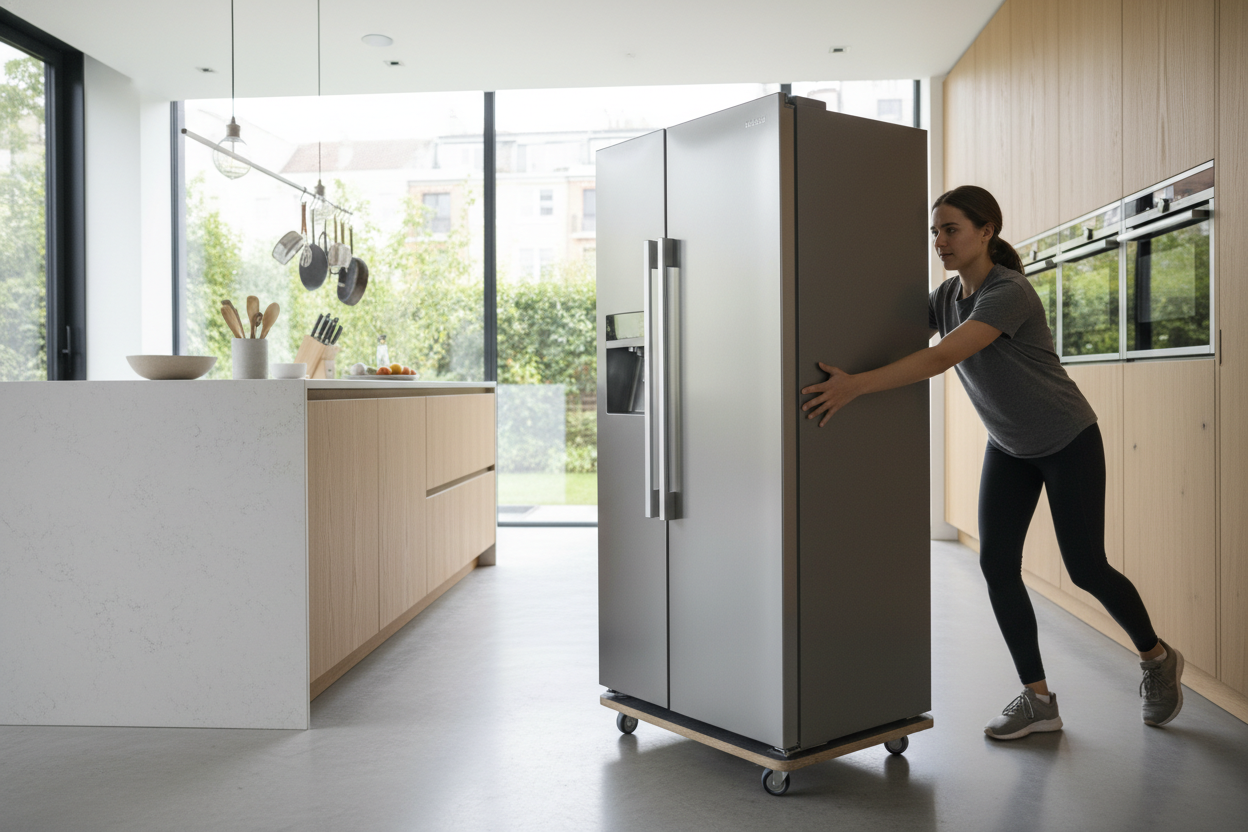 joven en su cocina moviendo su refrigerador con su trasportador deslizante