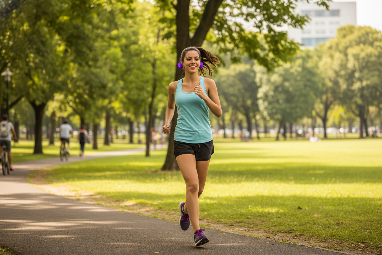 joven mujer esta trotando en el parque y tiene en su oido su  Audífonos inalámbrico Esfera Purple
