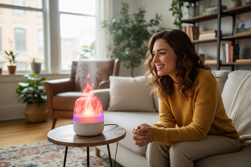 JOVEN MUJER SENTADA EN SU LIVING ESTA FELIZ MIRANDO SU PEQUEÑO HUMIFICADOR DE LLAMA  CON LUZ LED
