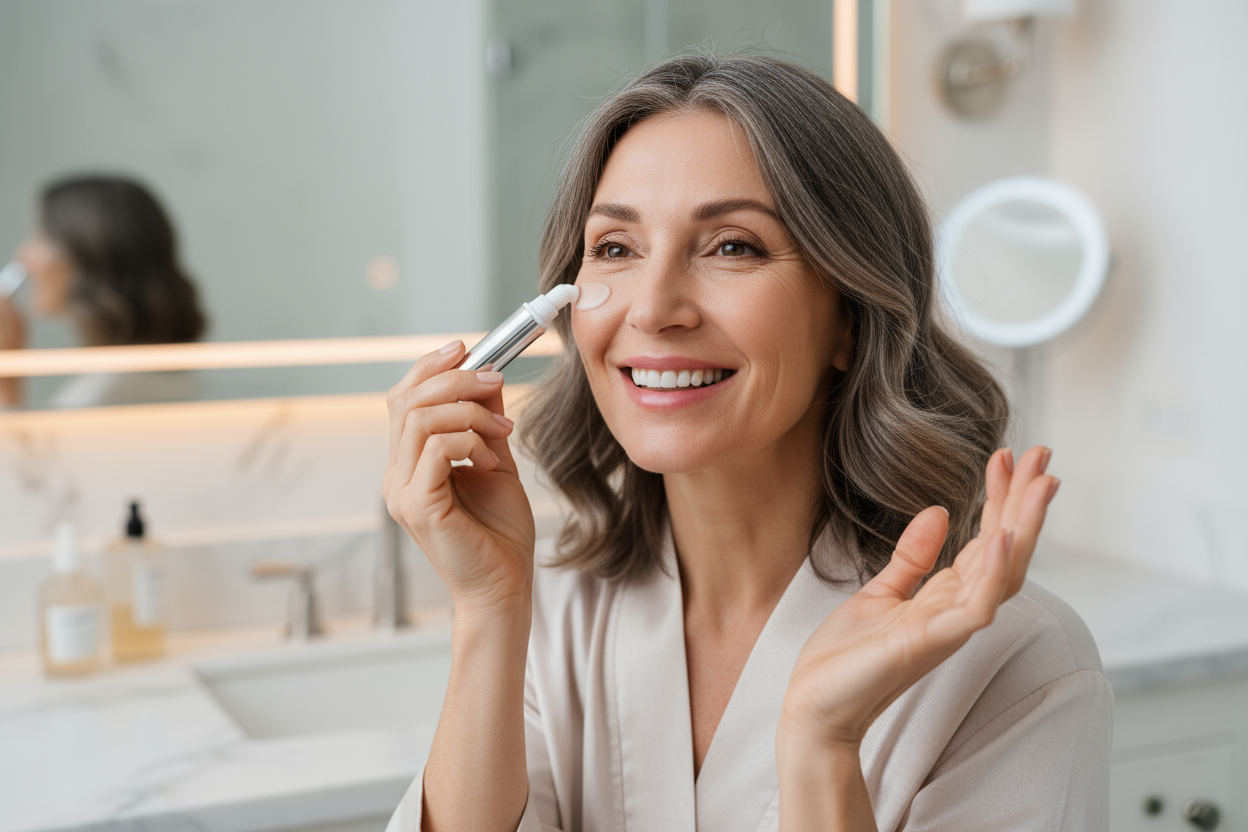 mujer como de 50 años esta feliz aplicandose en su colageno roll on en su ojos
