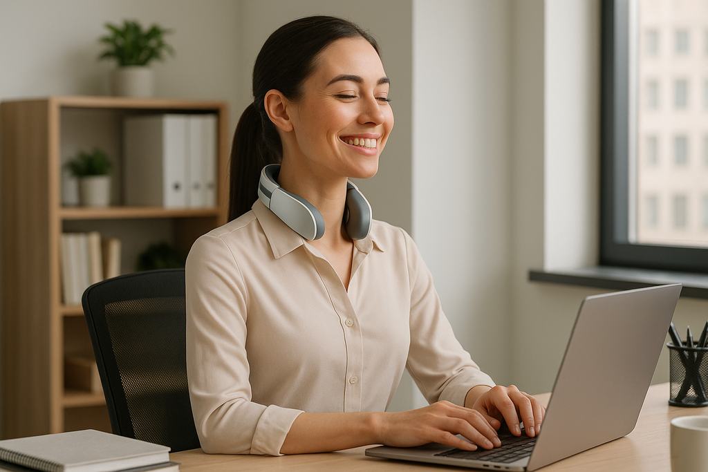 mujer esta en su oficina contenta y en su cuello la parte cervical y con postura derecha, tiene puesto su Corrector de Postura Masaje Ultrasónico, 