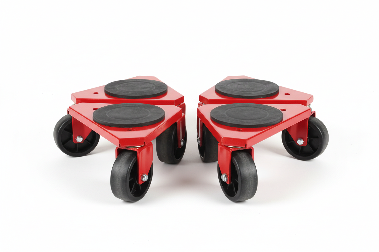 soporte con 2 ruedas en cada soporte de color rojo para mover muebles