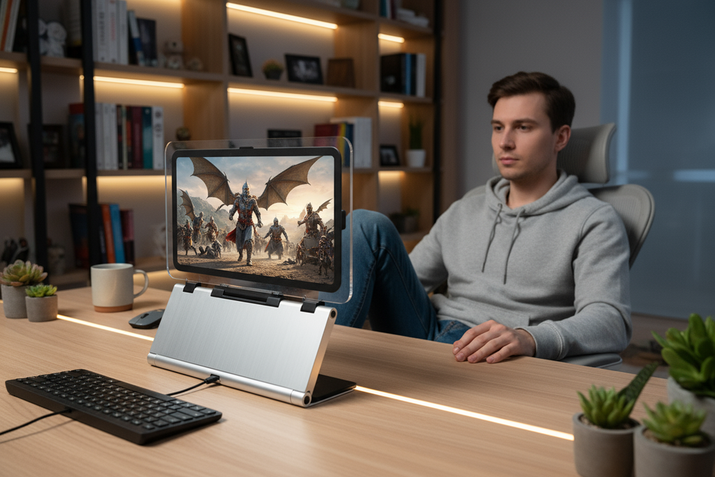 un chico esta sentado en su escritorio y esta viendo su serie favorita en su Amplificador De Pantalla Plegable Hd