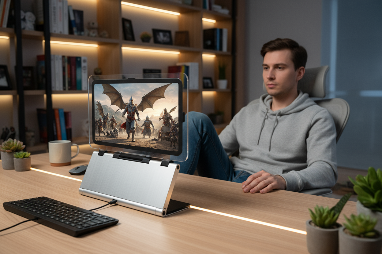 un chico esta sentado en su escritorio y esta viendo su serie favorita en su Amplificador De Pantalla Plegable Hd