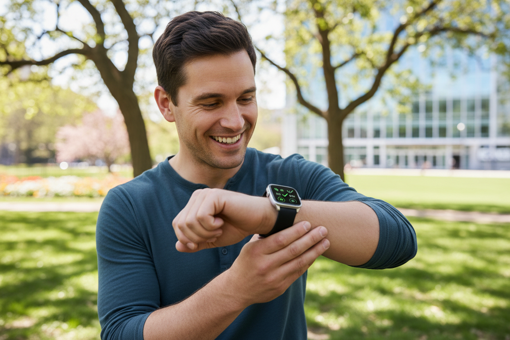 un hombre esta contento con su Reloj Inteligente Smart Watch Pro en su mano