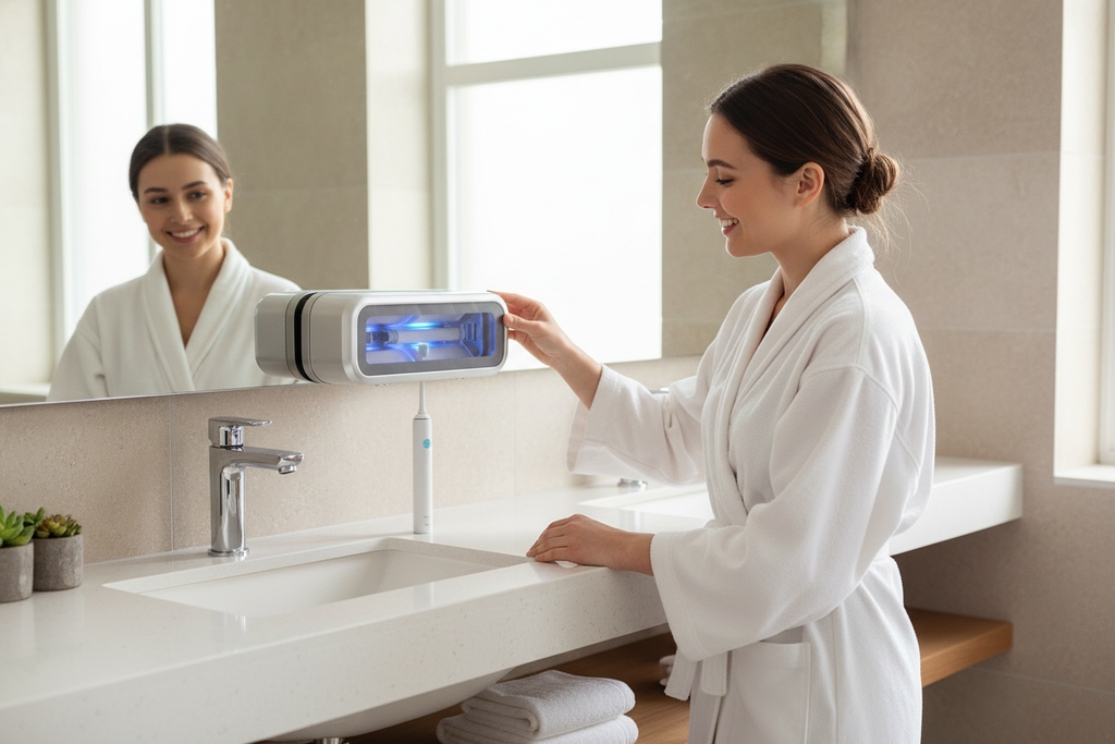 una chica esta contenta en su baño y esta dejando su cepillo de dientes en su Soporte Esterilizador Cepillo de Dientes