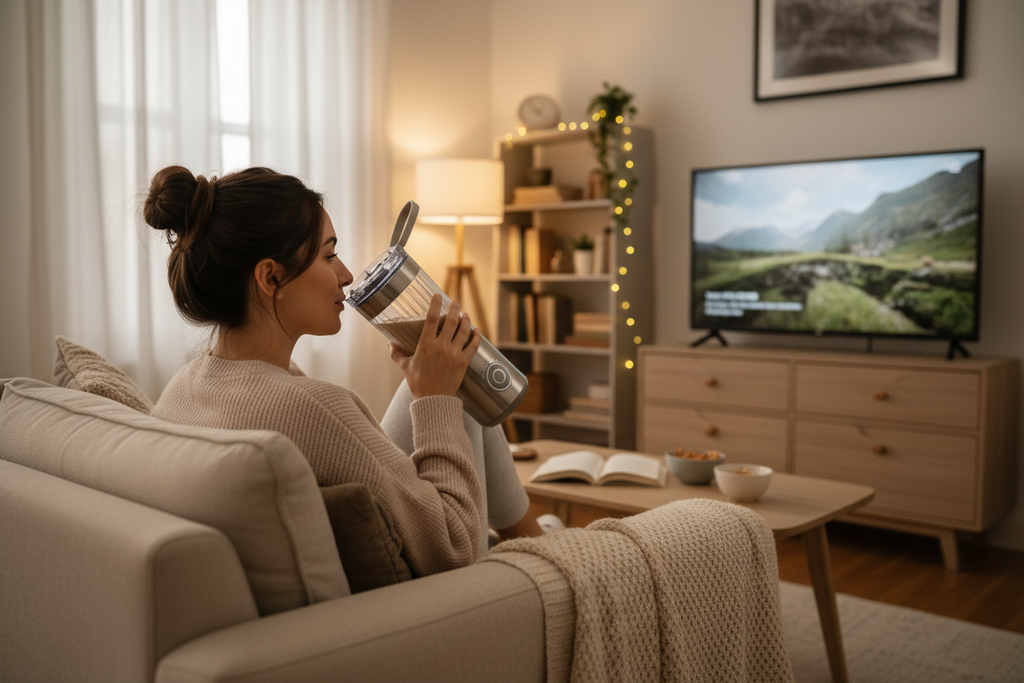 UNA CHICA ESTA EN SU DORMITORIO VIENDO TELEVISION Y ESTA TOMANDO EN SU Vaso de Tasa Térmica - Batidora 