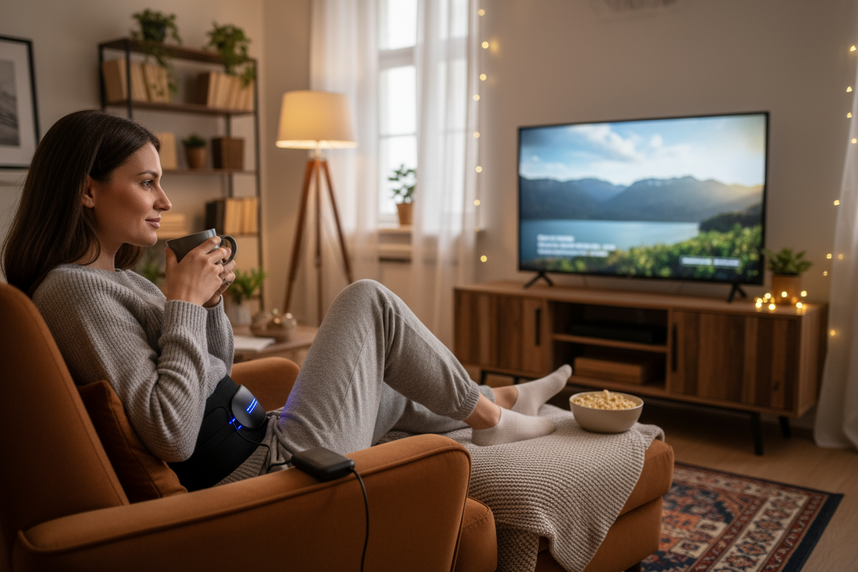 una chica sentada en el living viendo television y tiene puesto su cinturon electrico para dolores menstruales
