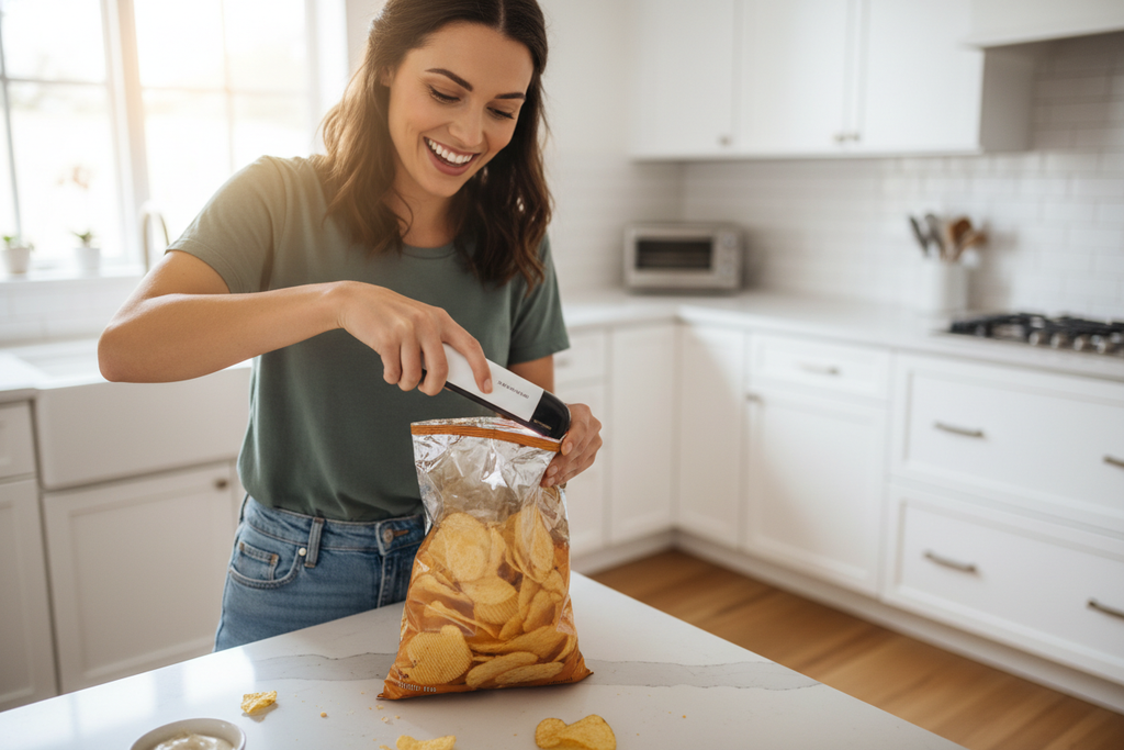 UNA JOVEN ESTA CONTENTA EN LA COCINA Y ESTA CERRANDO SU PAQUETE DE PAPAS FRITAS CON SU SELLADOR DE CALOR