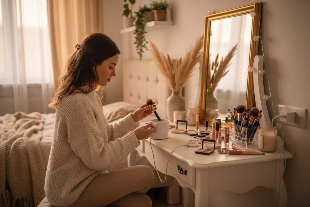 una joven esta en su dormitorio en su peinador y esta ocupando su Limpiador Brochas Maquillaje Usb Pincele