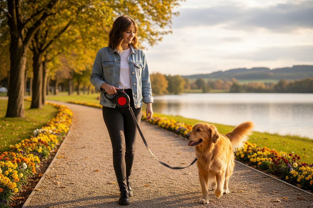 una joven esta paseando a su perro golden con su Correa Retráctil para Mascotas Con Freno