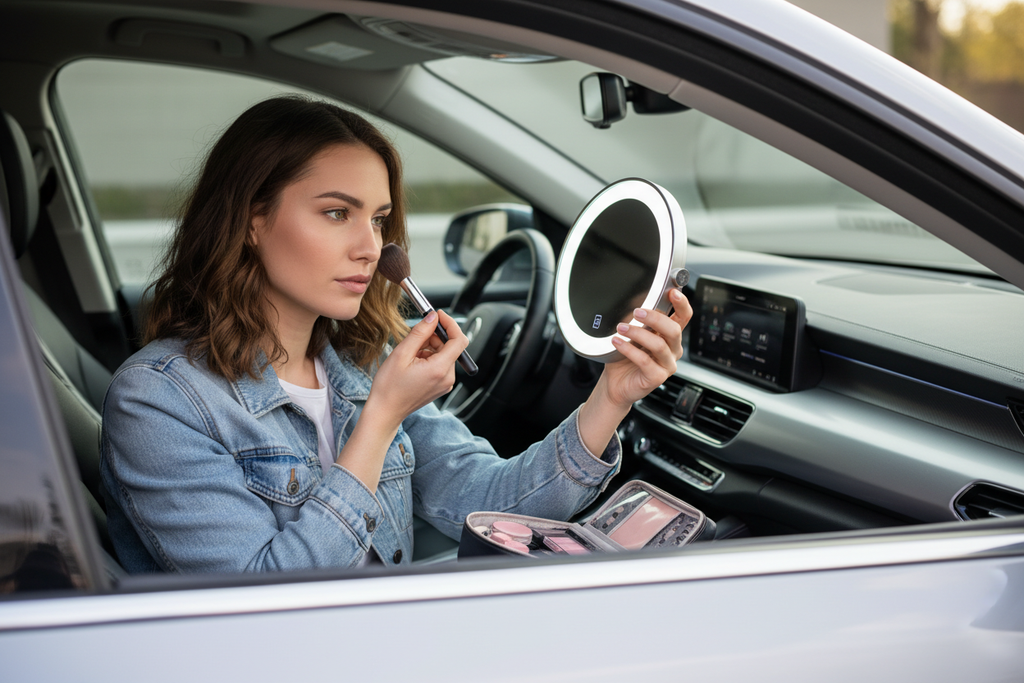 una joven mujer esta en su vehiculo y se esta maquillando y ocupa su espejo led
