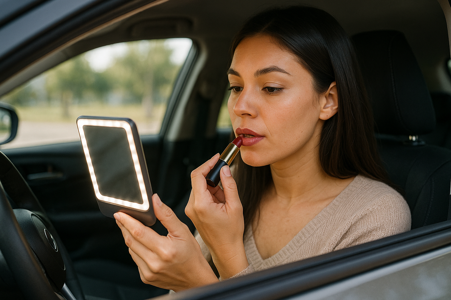 una mujer va en su vehiculo esta detenido es de dia y esta aplicandose su labial y se mira en su espejo led