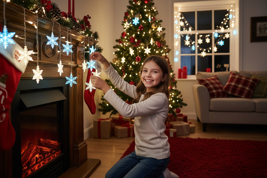 una niña esta feliz decorando living de su casa con su Luces Led Navidad (copo de nieve y estrellas)
