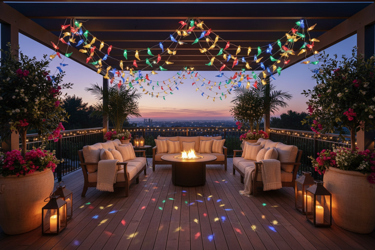 una terraza de una casa y luce una linda girnarla de colibri iluminada de colores colgante