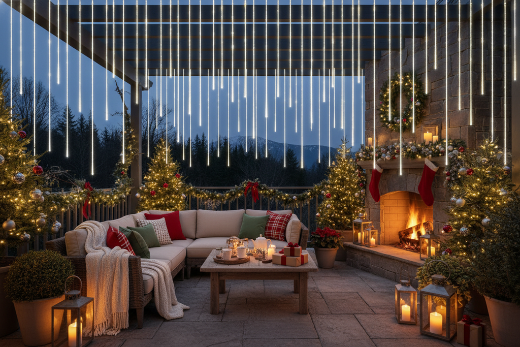 una terraza decorada con LUZ NAVIDAD METEORO